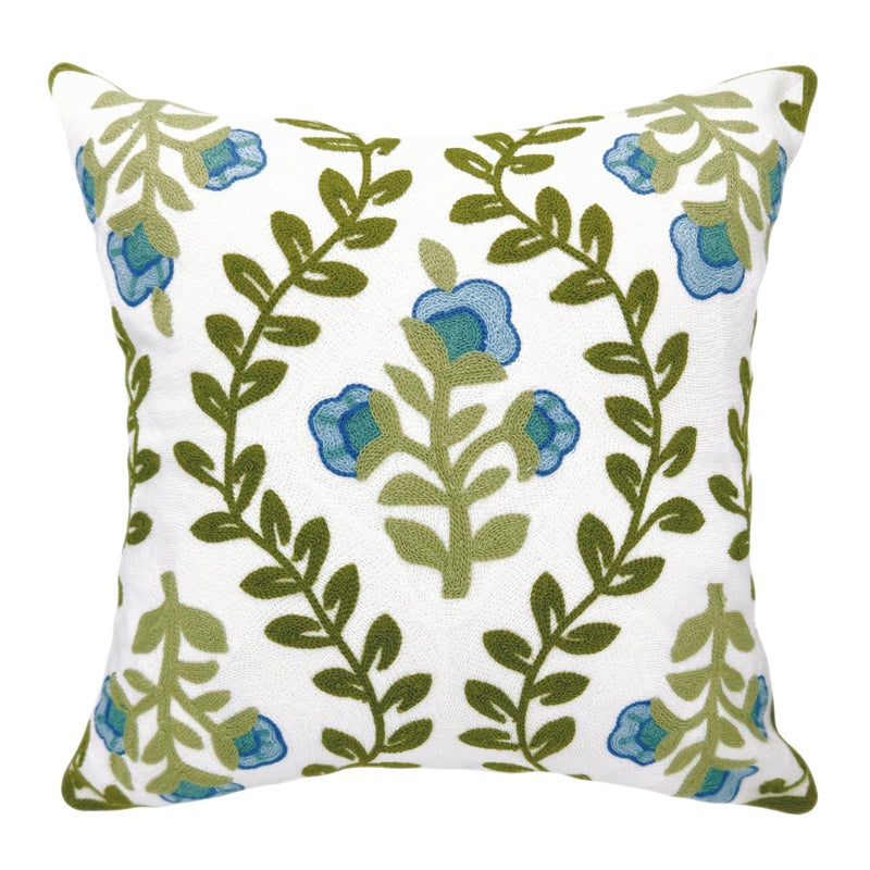 Alysheer Floral Embroidered Summer Decorative Throw Pillow Cover 18""x 18""  Farmhouse Cottage Blue Flowers Green Leaves Knit Pattern Cotton Canvas Cushion Case for Sofa Couch Bed Living Room Decor - Image 1